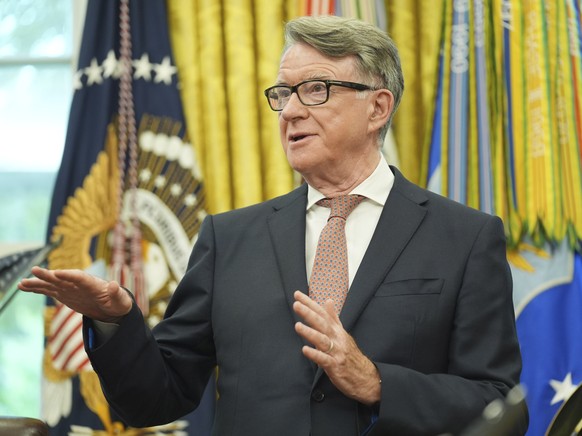 Britian&#039;s ambassador to the Peter Mandelson, delivering remarks on a trade deal between U.S. and U.K. in the Oval Office of the White House, Thursday, May 8, 2025, in Washington. (AP Photo/Evan V ...