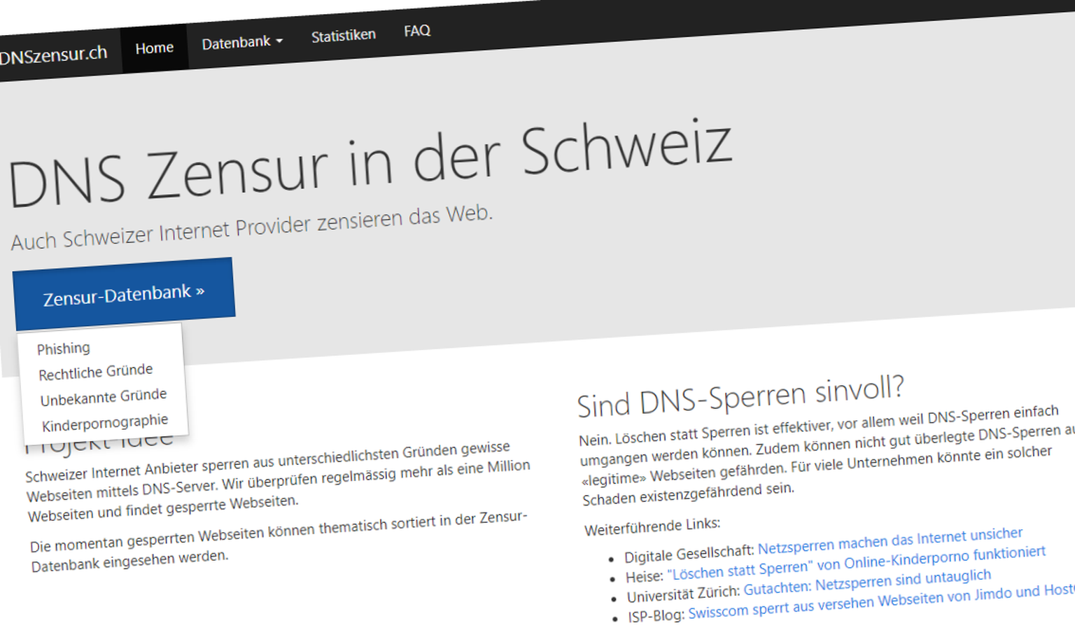 DNSzensur.ch zeigt, welche Webseiten von den Schweizer Internet-Providern gesperrt werden.
