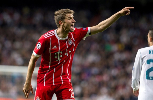 epa06705344 Bayern Munich&#039;s forward Thomas Mueller reacts during the UEFA Champions League semi finals second leg match between Real Madrid and Bayern Munich at Santiago Bernabeu stadium in Madri ...