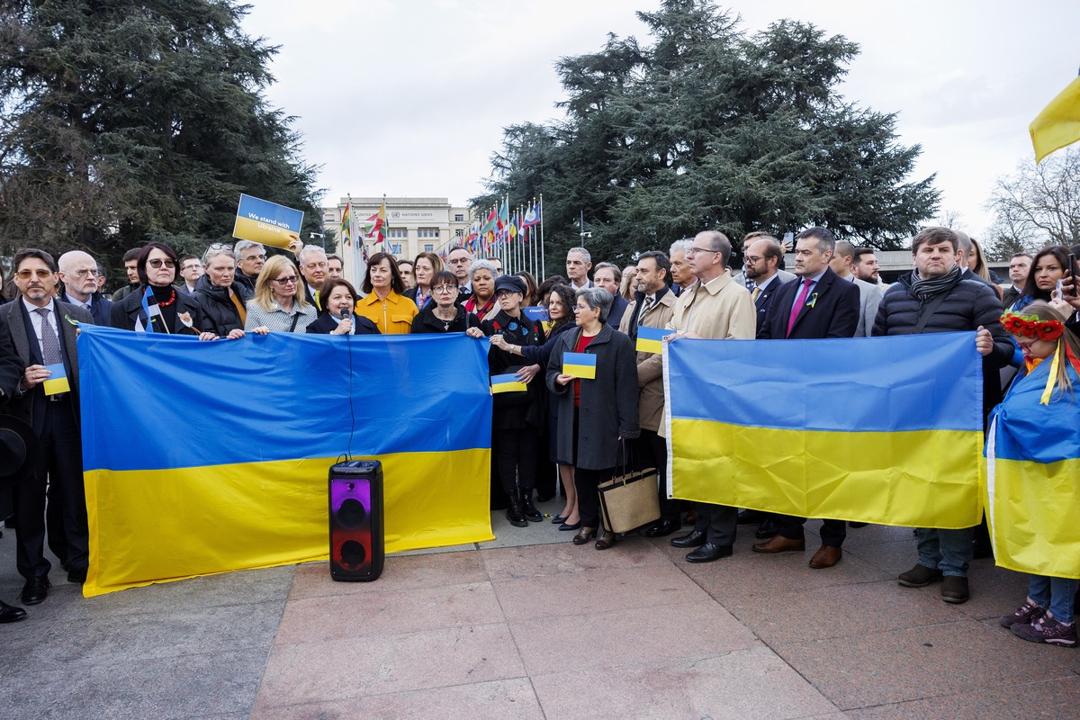 epa10488813 Yevheniia Filipenko (C), ambassador of the Permanent Representative Mission of the Ukraine to Geneva, with other ambassadors delivers her speech to mark one year since the start of the Rus ...