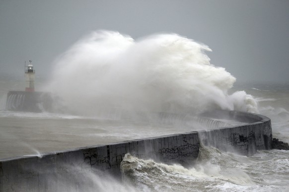 Waves crash into the wall at Newhaven south east England, as Storm Ciara, named by the Met Office national weather agency, hits the UK, Sunday Feb. 9, 2020. Trains, flights and ferries have been cance ...