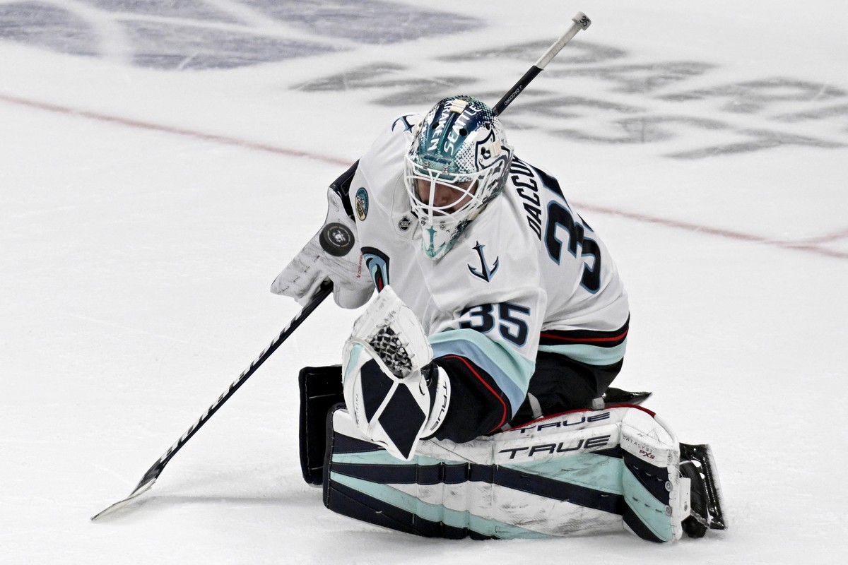 Seattle Kraken goaltender Joey Daccord (35) controls the puck against the Anaheim Ducks during the third period of an NHL hockey game in Anaheim, Calif., Monday, Nov. 25, 2024. (AP Photo/Alex Gallardo ...
