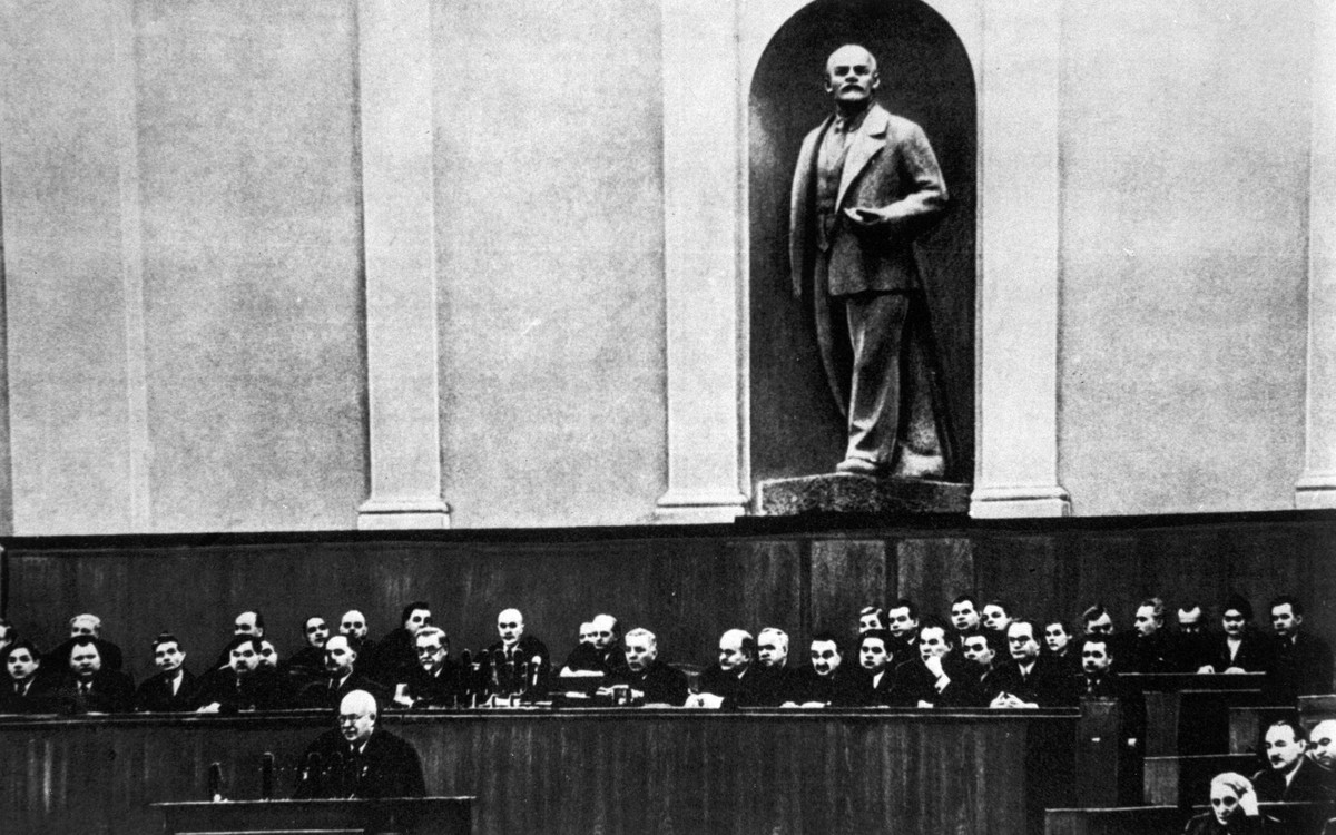 Prime Minister of the Soviet Union Nikita Khrushchev Nikita Khrushchev presenting the report of the Central Committee at the 20th Congress of CPSU. Moscow, February 1956 (Photo by Gino Mercatali/Monda ...