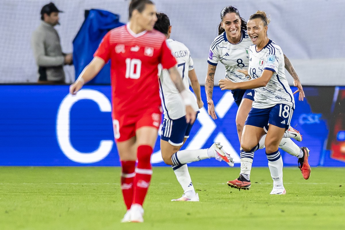Italy's midfielder Arianna Caruso, right, celebrates with Italy's defender Lucia Di Guglielmo, center, and Italy's forward Martina Piemonte, 2nd right, next to Switzerland's forwar ...