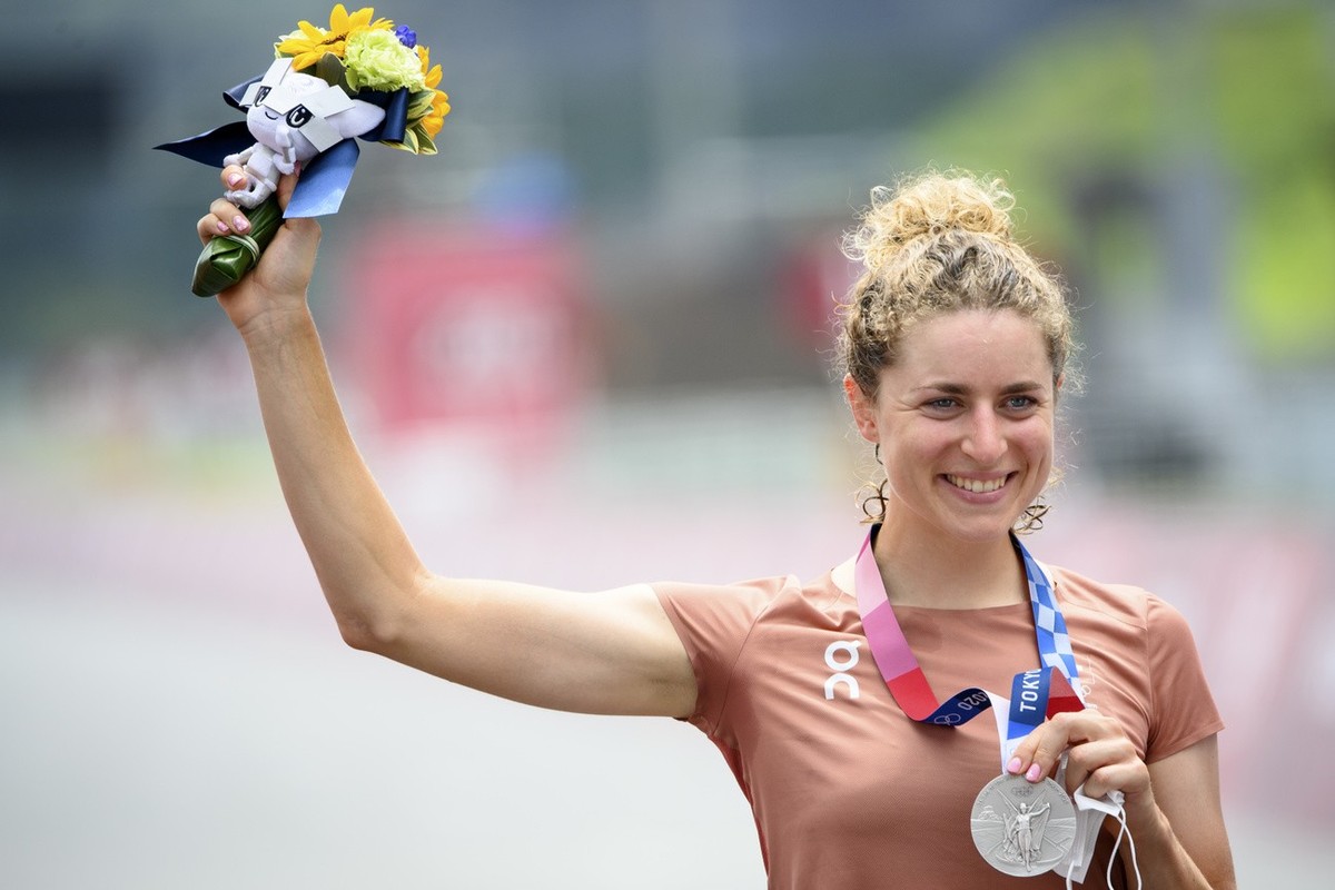 Silver medal winner Marlen Reusser of Switzerland poses during the victory ceremony after the women's cycling individual time trial at the 2020 Tokyo Summer Olympics at the Fuji International Spe ...