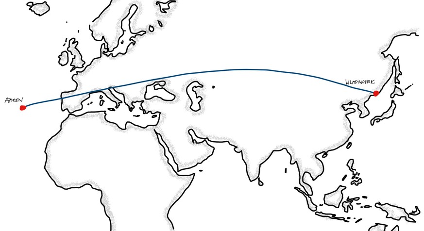 Der direkte Weg von den Azoren nach Wladiwostok. Ein Direktflug wird aber schwierig.