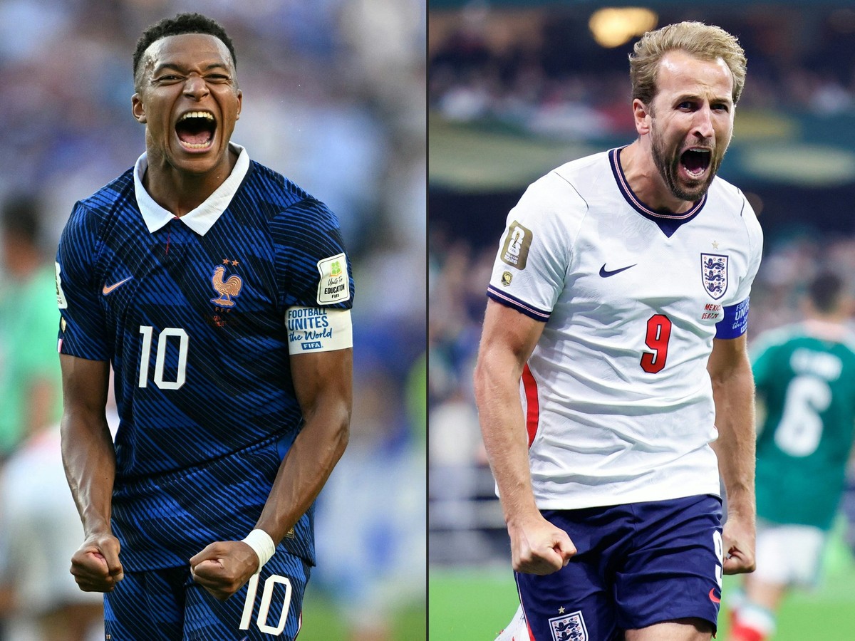 This combination of pictures created on July 16, 2026 shows France's forward #10 Kylian Mbappe celebrating at the Philadelphia Stadium in Philadelphia on July 4, 2026, and England's forward  ...
