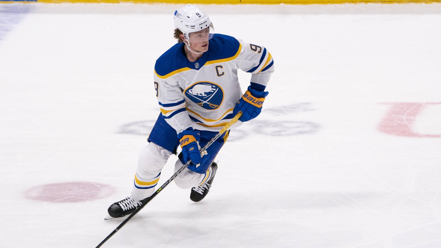 UNIONDALE, NY - MARCH 07: Buffalo Sabres Center Jack Eichel 9 skates with the puck during the second period of the National Hockey League game between the Buffalo Sabres and the New York Islanders on  ...