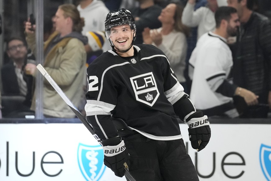 Los Angeles Kings left wing Kevin Fiala (22) celebrates after scoring during the third period of an NHL hockey game against the Anaheim Ducks Tuesday, Dec. 20, 2022, in Los Angeles. (AP Photo/Ashley L ...