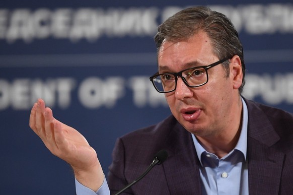 epa10881530 A handout photo made available by the Serbian Presidency shows Serbian President Aleksandar Vucic speaks during a press conference in Belgrade, 24 September 2023. A Kosovo Albanian police  ...
