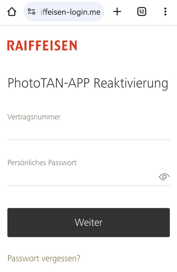 Die Betrüger verlangen nach der Vertragsnummer und dem Passwort. Auf keinen Fall solche persönlichen Informationen ausserhalb der offiziellen Login-Seite eingeben!