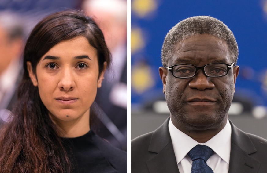 epa07071416 (FILE) - A composite picture shows Yazidi Kurdish human rights activist from Iraq Nadia Murad (L) and Congolese gynecologist Denis Mukwege in Strasbourg, France, 10 October 2016 and 26 Nov ...