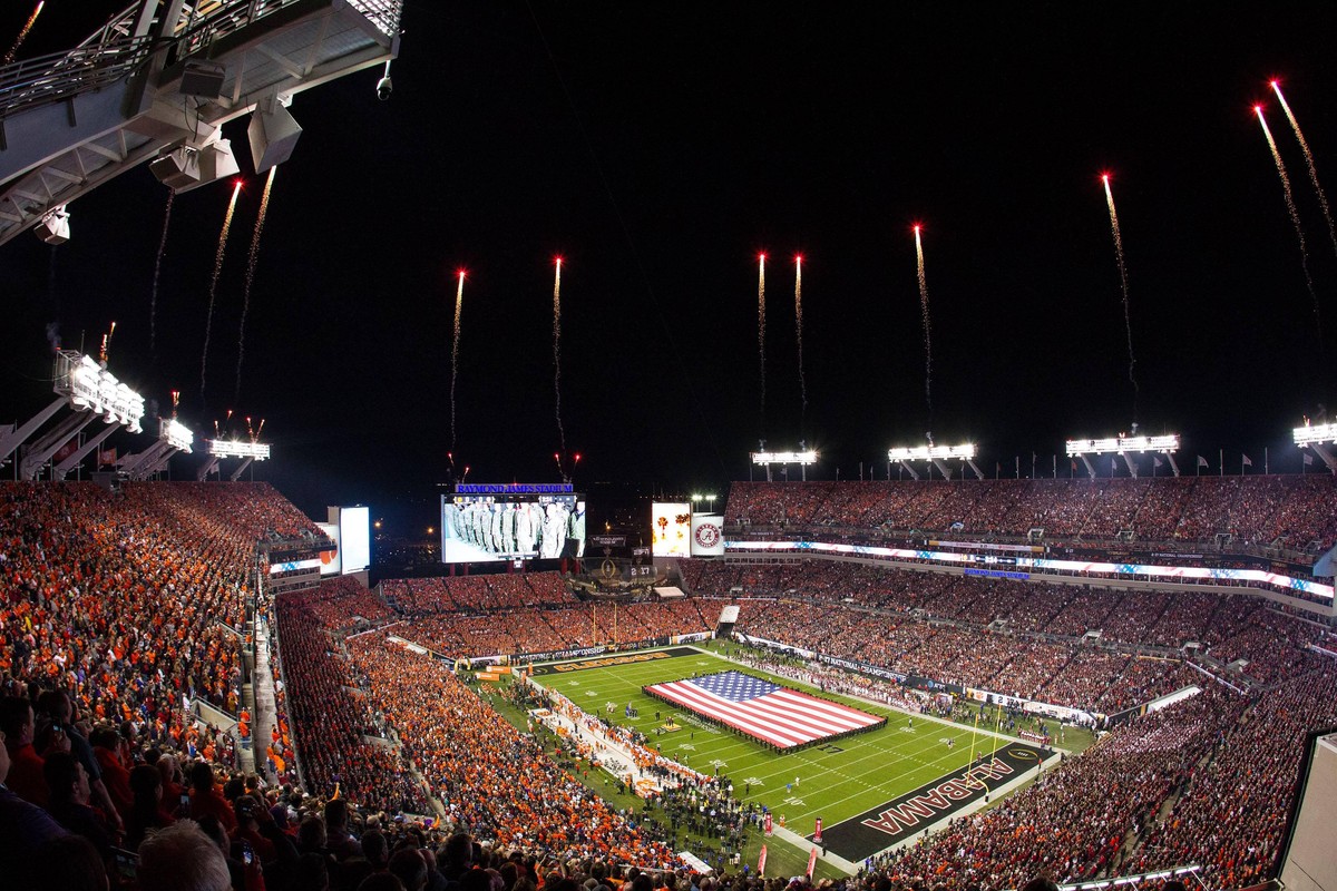 January 9, 2017; Tampa, FL, USA; A general view of Raymond James Stadium during the National Anthem prior to the NCAA College League USA CFP National Championship football game between Clemson Tigers  ...