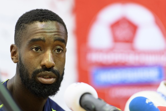 epa06852667 Switzerland player Johan Djourou during a press conference at the Torpedo Stadium, in Togliatti, Russia, Saturday, June 30, 2018. The Swiss team is in Russia for the FIFA World Cup 2018 ta ...