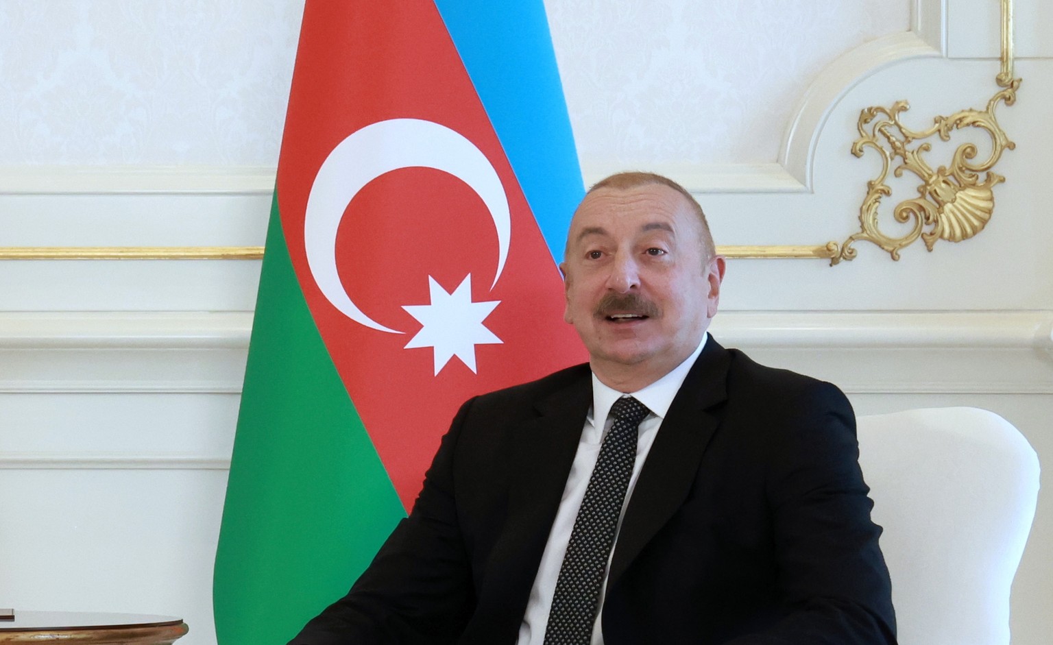 epa11554967 Russian President Vladimir Putin (L) and Azerbaijan&#039;s President Ilham Aliyev attend a meeting at the Zagulba Residence outside Baku, Azerbaijan, 19 August 2024. The Russian president  ...