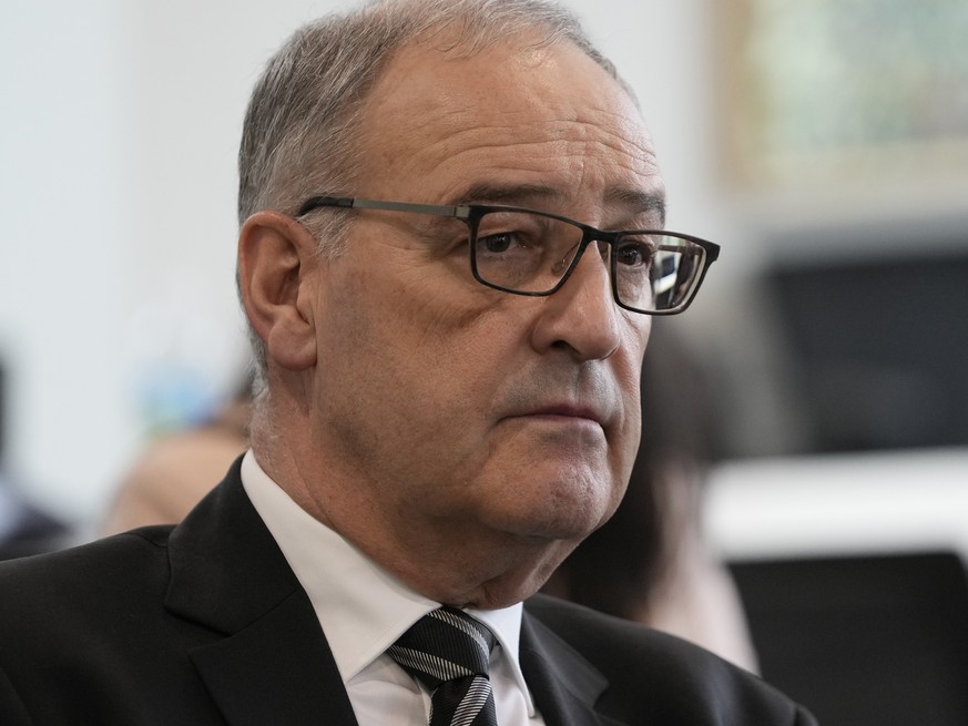 Swiss Federal Councillor Guy Parmelin listens at the Center for Quantum Nanoscience of Ewha University in Seoul, South Korea, Thursday, May 18, 2023. (AP Photo/Lee Jin-man)