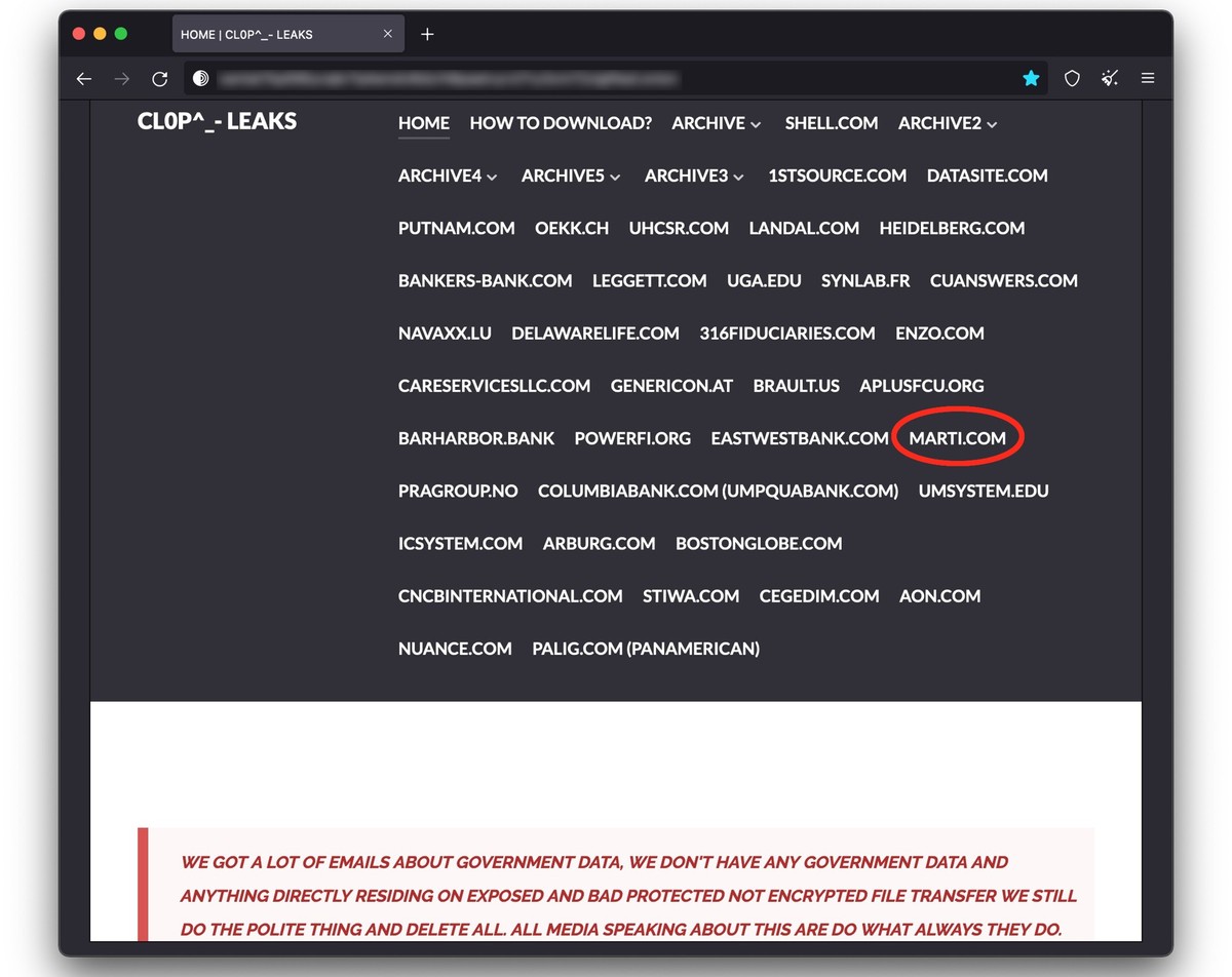 Ransomware-Bande Clop führt Schweizer Baukonzern Marti nebst vielen anderen angeblichen Opfern auf Leak-Site im Darknet auf (17. Juni 2023).