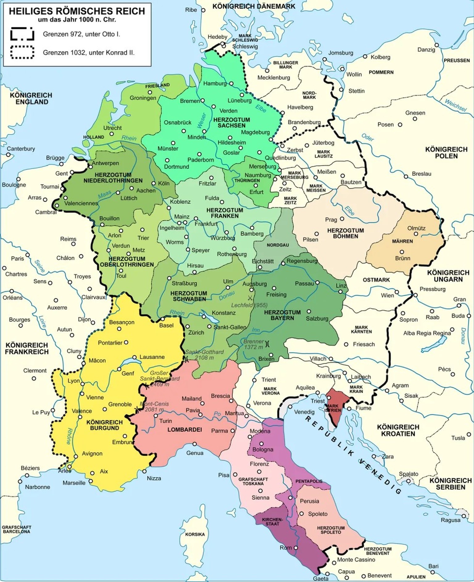 Die Ausbreitung des Heiligen Römischen Reiches um das Jahr 1000. Das Reich war eine dynastisch geprägte Wahlmonarchie. Mit der Kaiserkrönung durch den Papst erlangte der gewählte König auch die Kaiser ...