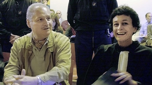 FILE - In this file photo from Tuesday, November 28, 2000, Venezuelan international terrorist Carlos the Jackal whose real name is Ilich Ramirez Sanchez sits on the left, along with his French lawyer Isabelle Coutant-Peyr...