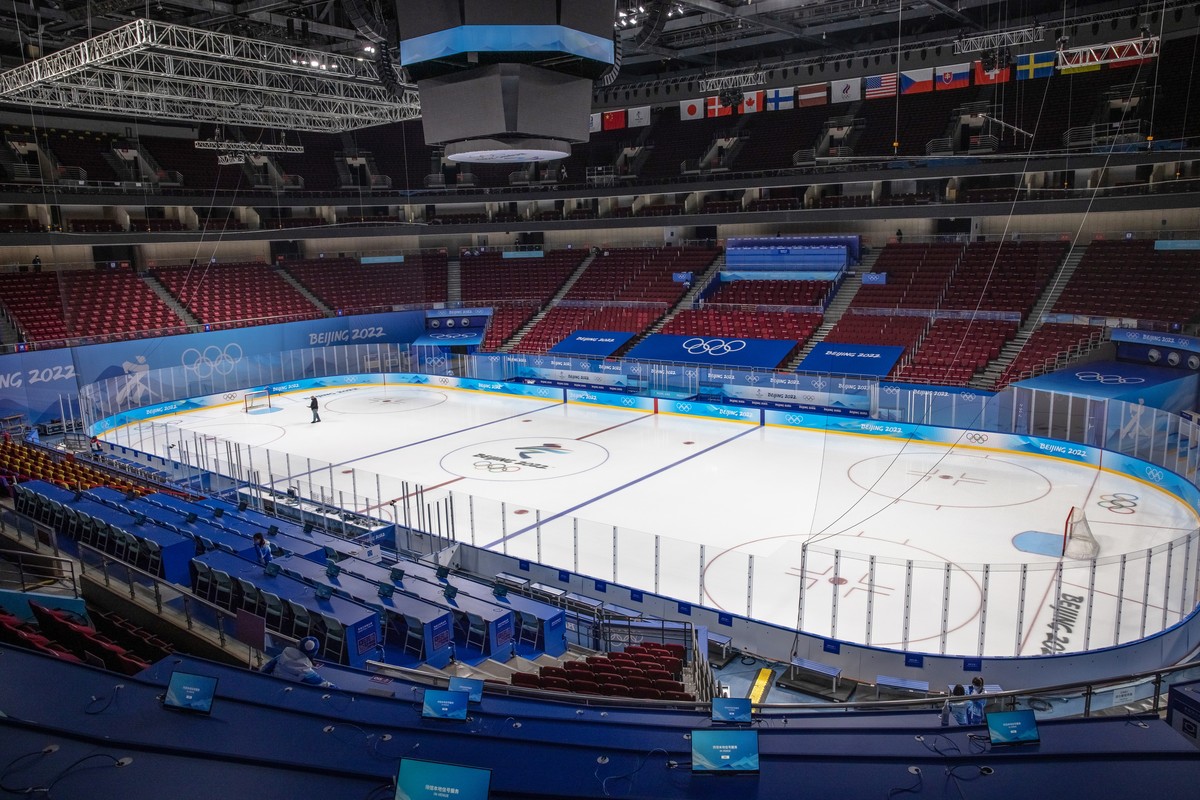 epa09712237 Interior view of the Wukesong Sports Centre, main venue for ice hockey at the 2022 Winter Olympics, in Beijing, China, 27 January 2022. From more than 3,000 people arriving for the Olympic ...