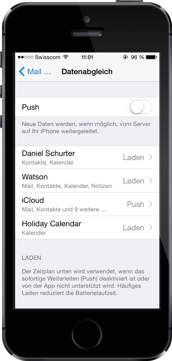 &gt; Mail, Kontakte, Kalender &gt; Datenabgleich.