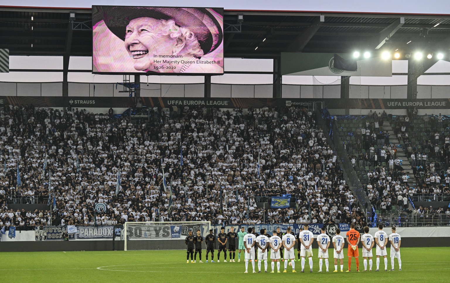 The stadium during a minute of silence after the passing of Queen Elizabeth II during the UEFA European League Group A soccer game between Switzerland&#039;s FC Zuerich and England&#039;s Arsenal, Thu ...