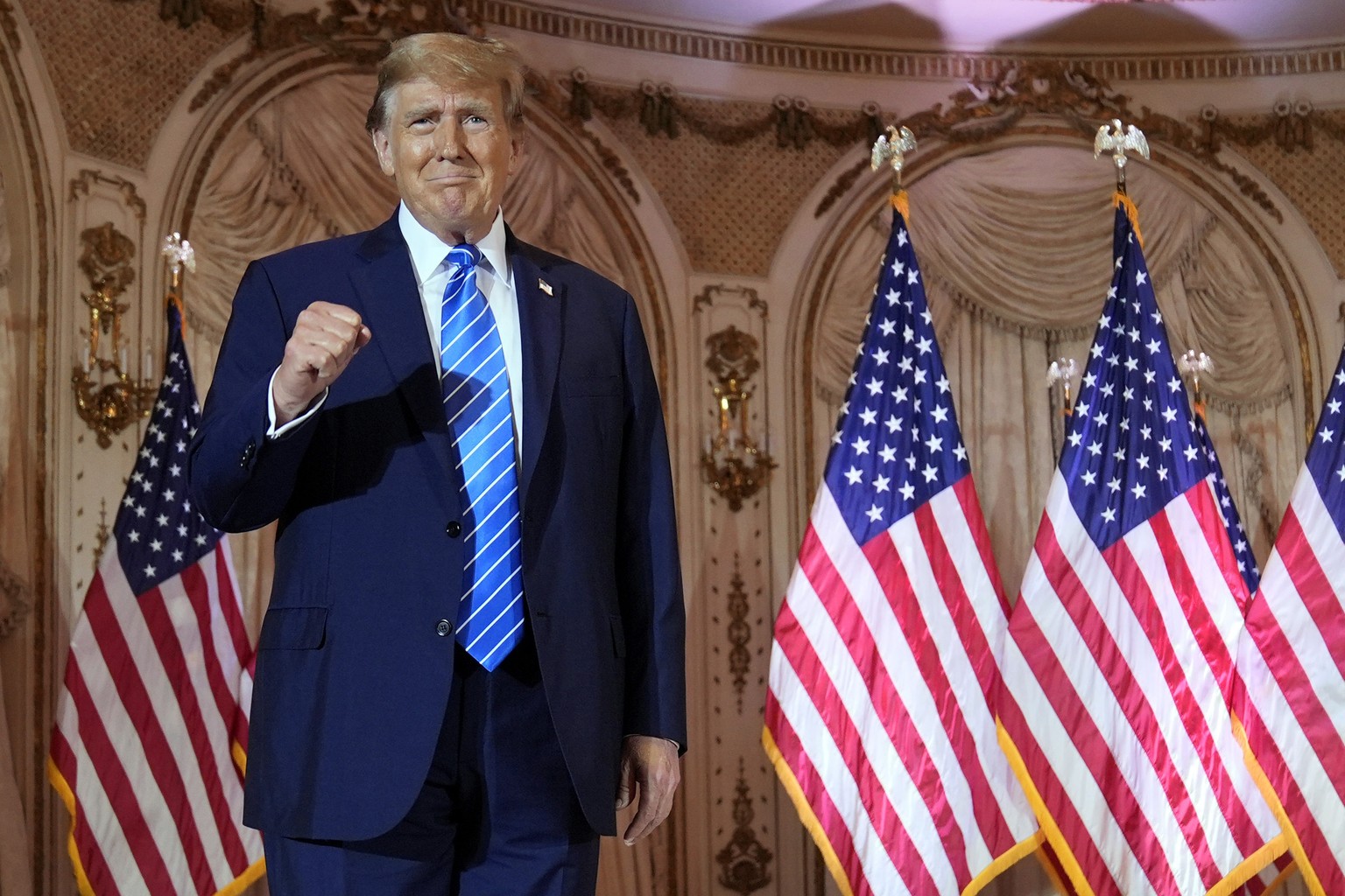 Republican presidential candidate former President Donald Trump arrives to speak at a Super Tuesday election night party Tuesday, March 5, 2024, at Mar-a-Lago in Palm Beach, Fla. (AP Photo/Evan Vucci) ...