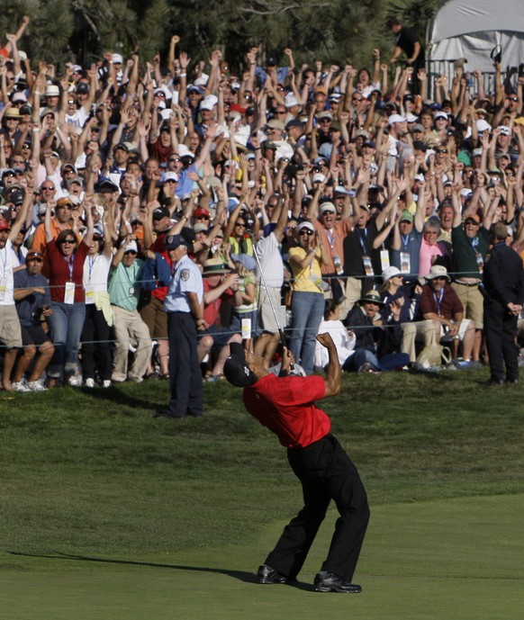 FILE - In this June 15, 2008, file photo, Tiger Woods reacts after sinking a birdie putt on the 18th green, forcing a playoff against Rocco Mediate during the fourth round of the U.S. Open golf tourna ...