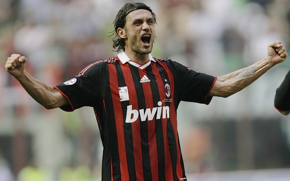 FILE - In this May 24, 2009 file photo AC Milan defender Paolo Maldini salutes his fans at the end of his last match at the San Siro stadium, after 24 years and 901 games for the club. Maldini has bee ...