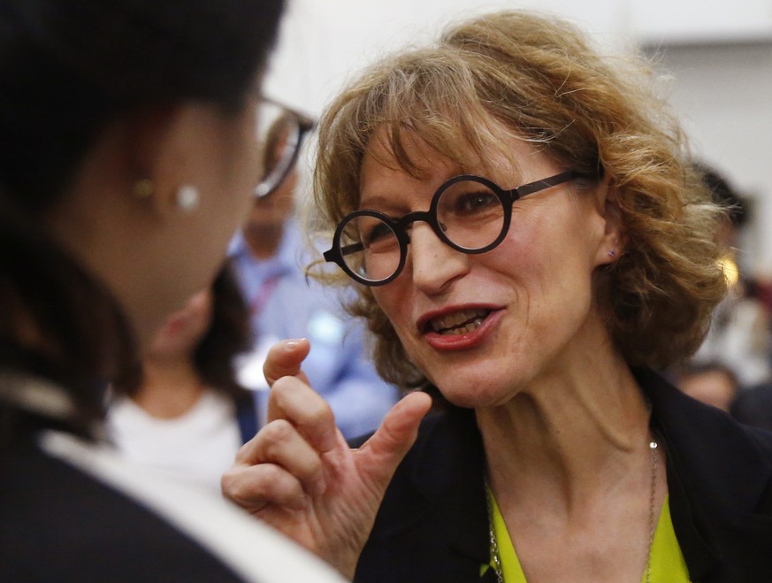 Agnes Callamard, U.N. special rapporteur on extrajudicial executions, talks to a reporter after speaking at a drug policy forum at University of the Philippines, Friday, May 5, 2017 in suburban Quezon ...