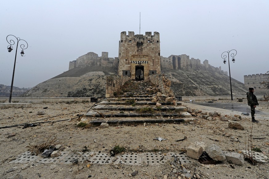 A member of forces loyal to Syria's President Bashar al-Assad stands in front of Aleppo's historic citadel, during a media tour, Syria December 13, 2016. REUTERS/Omar Sanadiki/File Photo SEA ...