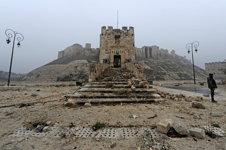 A member of forces loyal to Syria&#039;s President Bashar al-Assad stands in front of Aleppo&#039;s historic citadel, during a media tour, Syria December 13, 2016. REUTERS/Omar Sanadiki/File Photo SEA ...