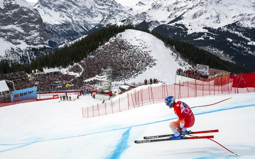 KEYPIX - Marco Odermatt of Switzerland in action during the men's Downhill race at the Alpine Skiing FIS Ski World Cup, in Wengen, Switzerland, Saturday, January 17, 2026. (KEYSTONE/Jean-Christop ...