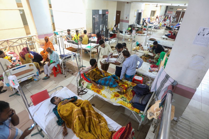 epa10801064 A doctor on duty checks the report of dengue patients as they receives treatment at Mugda Medical College and Hospital in Dhaka, Bangladesh, 15 August 2023. According to the Directorate Ge ...
