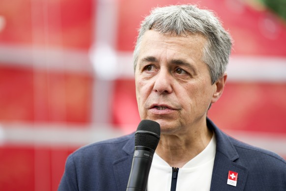 epa11511601 Swiss Federal Councillor and Foreign Minister Ignazio Cassis speaks during a press conference at the Maison Suisse for the Paris 2024 Olympic Games, in Paris, France, 31 July 2024. EPA/JUL ...