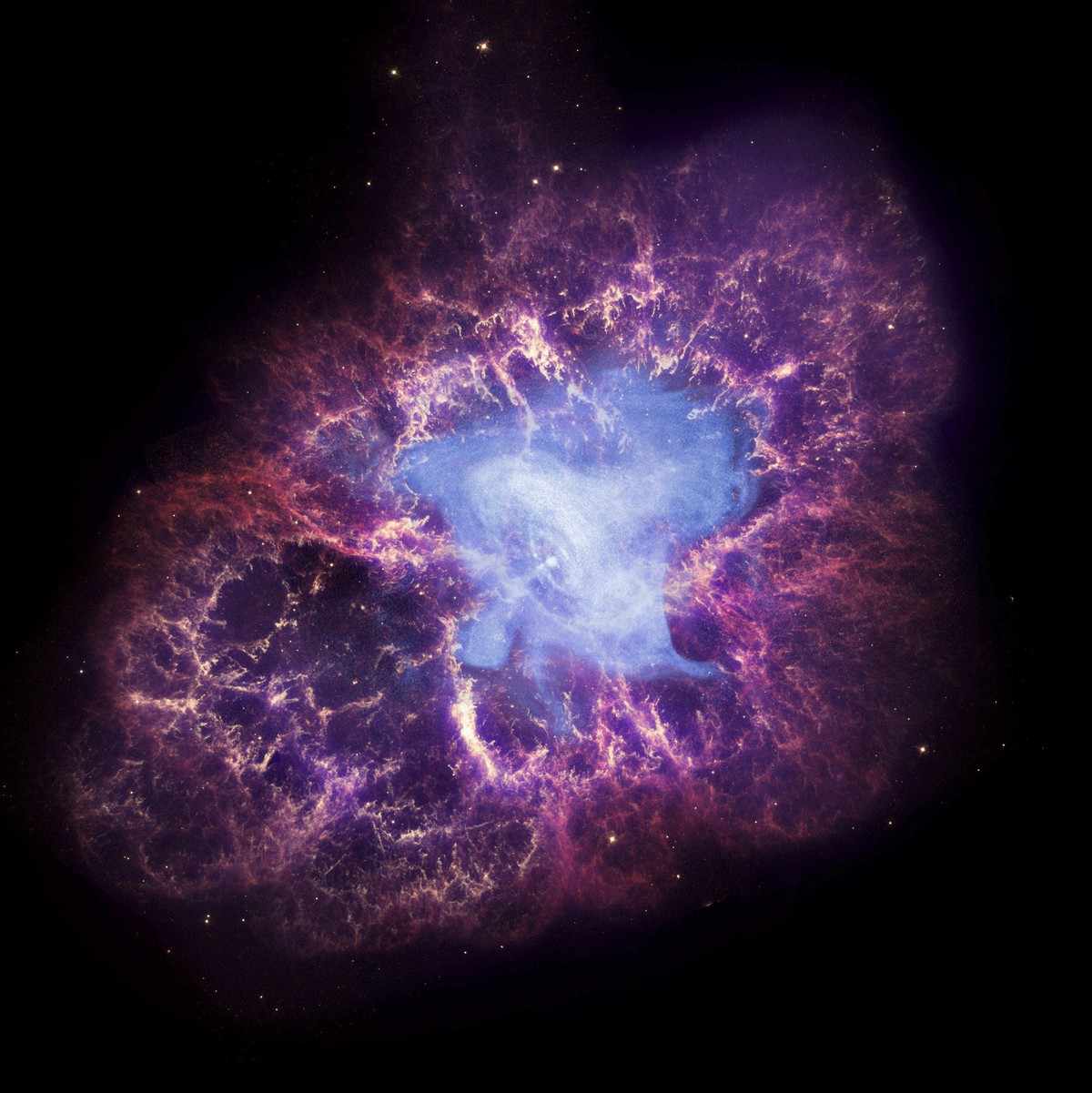 This composite image made available by NASA shows a neutron star, center, left behind by the explosion from the original star's death in the constellation Taurus, observed on Earth as the superno ...