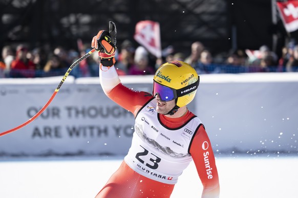 Alessio Miggiano of Switzerland eacts in the finish area during the men's Downhill race at the Alpine Skiing FIS Ski World Cup, in Crans-Montana, Switzerland, Sunday, February 1, 2026. (KEYSTONE/ ...