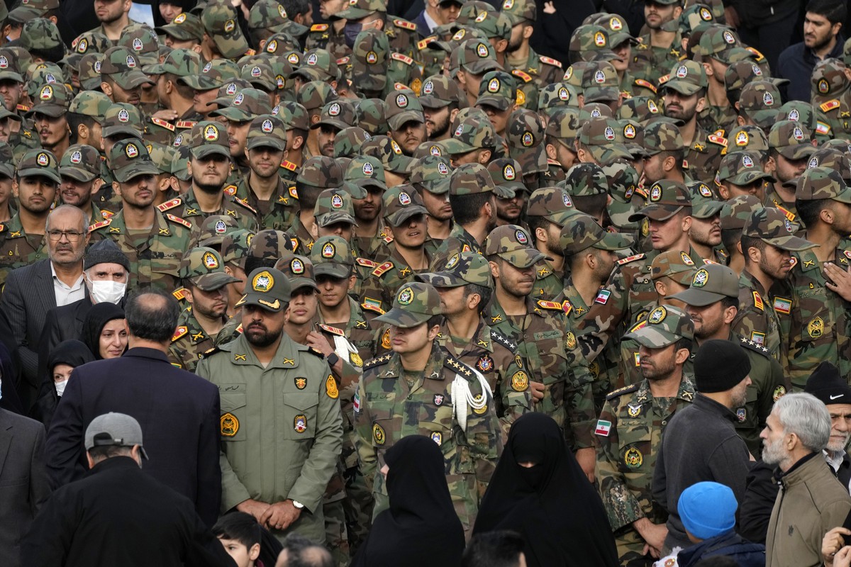 Iranian army cadets and officers attend the funeral ceremony of Seyed Razi Mousavi, a high ranking Iranian general of the paramilitary Revolutionary Guard, who was killed in an alleged Israeli airstri ...