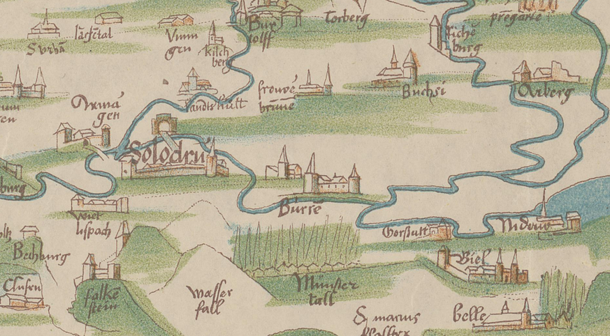 Büren an der Aare, Oberbüren: Ausschnitt aus der Karte von Conrad Türst, um 1496.