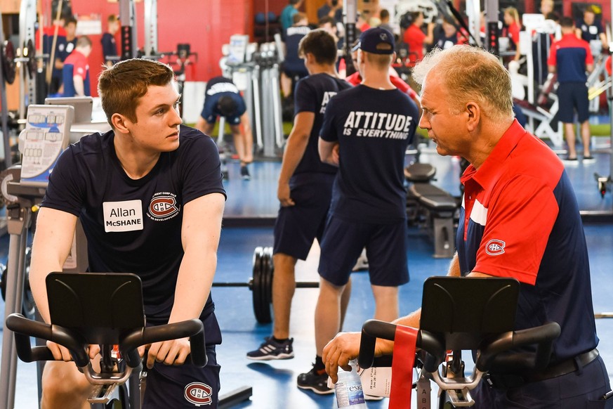 BROSSARD, QC - JUNE 28: Montreal Canadiens Prospect Centre Allan McShane (58) has a discussion with coach Rob Ramage during the Montreal Canadiens Development Camp on June 28, 2018, at Bell Sports Com ...