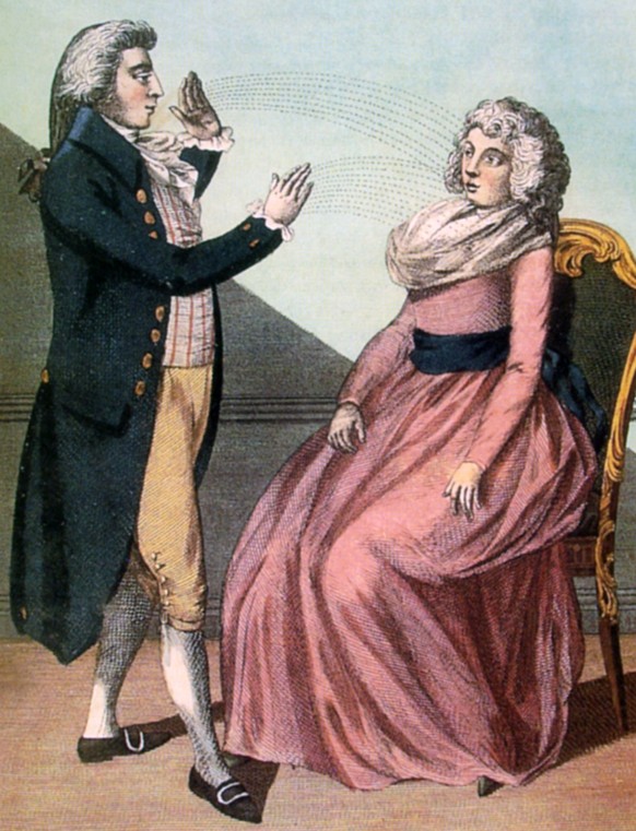 Eine Mesmerismus-Sitzung, festgehalten auf einer Druckgrafik von 1794. https://commons.wikimedia.org/wiki/File:FREE_mesmer_painting.jpg