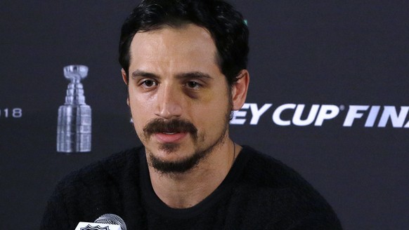 Vegas Golden Knights defenseman Luca Sbisa, of Italy, speaks to the media, Sunday, June 3, 2018, at Kettler Capitals Iceplex in Arlington, Va. The Golden Knights will play the Washington Capitals in G ...