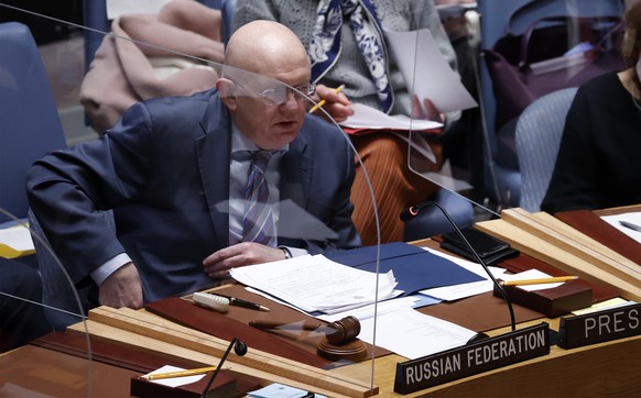 epa09776340 Russian Ambassador to the United Nations and current Security Council President Vassily Nebenzia addresses an emergency meeting on the situation between Ukraine and Russia at United Nation ...