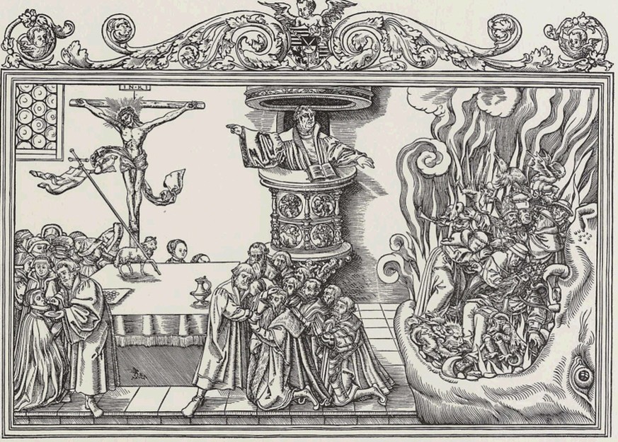 Lucas Cranach der Jüngere: «Abendmahl der Protestanten und Höllensturz der Katholiken», um 1540.
