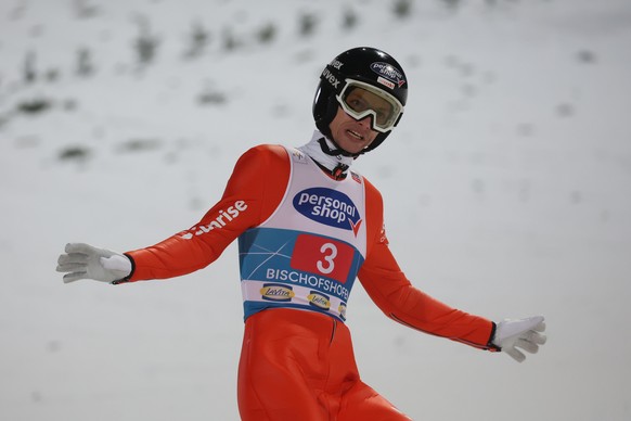 epa11809987 Gregor Deschwanden of Switzerland reacts after his jump during the final round at the fourth stage of the 73rd Four Hills Ski Jumping Tournament in Bischofshofen, Austria, 06 January 2025. ...