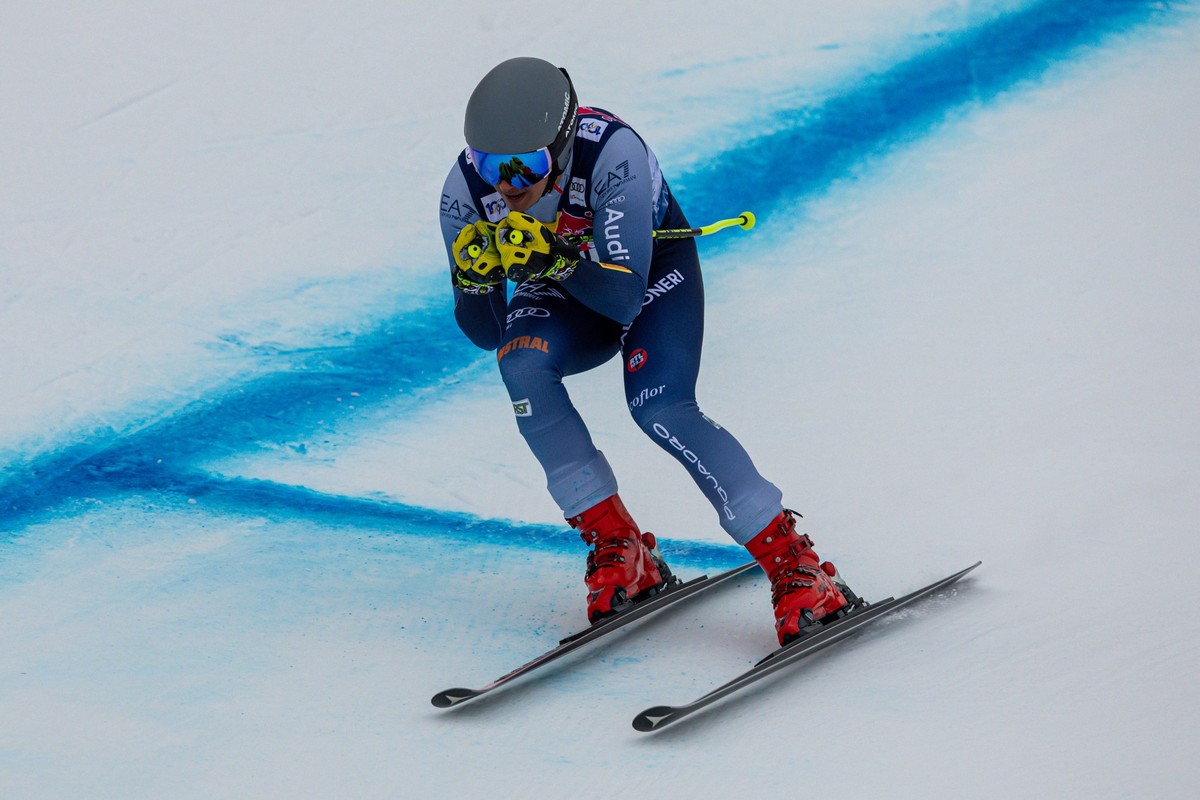 Matteo Franzoso of Italy goes during the 2nd training day on Hahnenkamm Downhill at on Jan 17, 2024 in Kitzb
