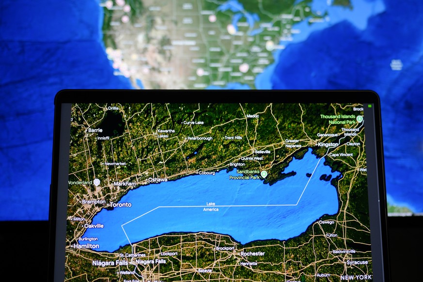 In this photo of a computer screen, a Google Maps view showing Lake Ontario labeled as Lake America is displayed in La Habra, Calif., Monday, Aug. 31, 2026. (AP Photo/Jae C. Hong)
Google Lake Ontario