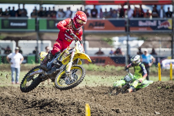 Rider Jeremy Seewer of Switzerland, during the first Race of the MX2 Class of the Motocross MXGP Grand Prix on Sunday, August 13, 2017, in Frauenfeld, Switzerland. (KEYSTONE/Benjamin Manser)Riders dur ...