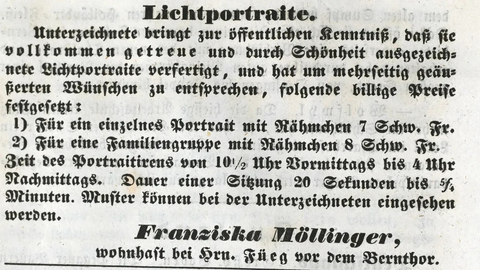 Inserat von Franziska Möllinger im Solothurner Blatt vom 8. April 1843.