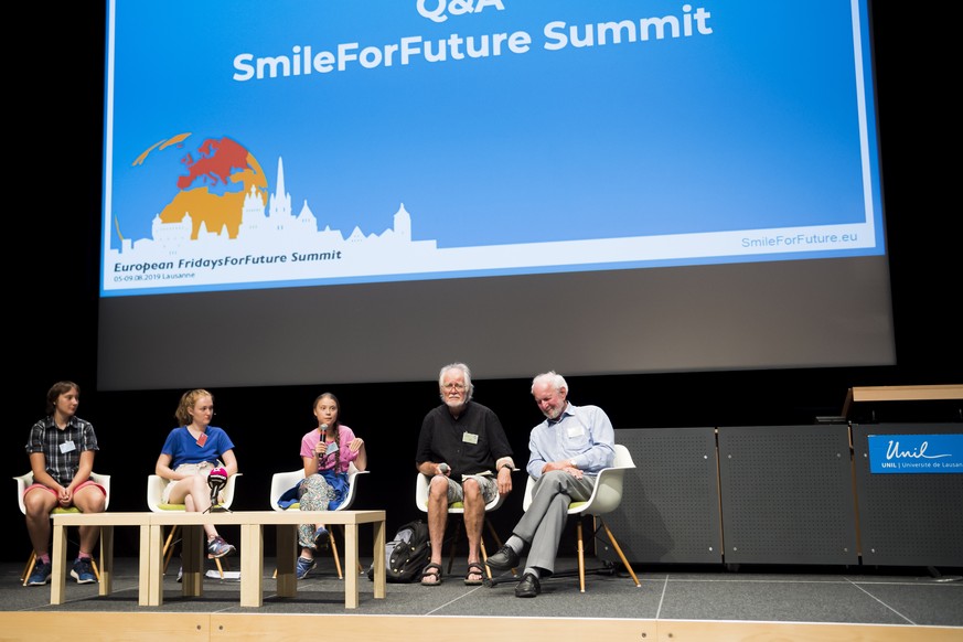 epa07757808 (L-R), Kristin Siil, climate activist, Swiss student Loukina Tille, Swedish climate activist Greta Thunberg, Jacques Dubochet, Nobel laureate in Chemistry, Ernst Ulrich von Weizsaecker, fo ...